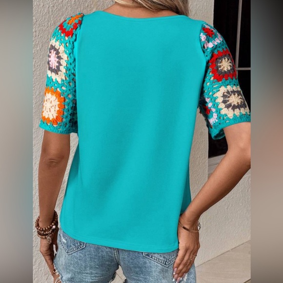 Turquoise Bohemian Top Crochet Open Weave Floral Sleeves, Stretch, Crew Neck - Picture 2 of 5
